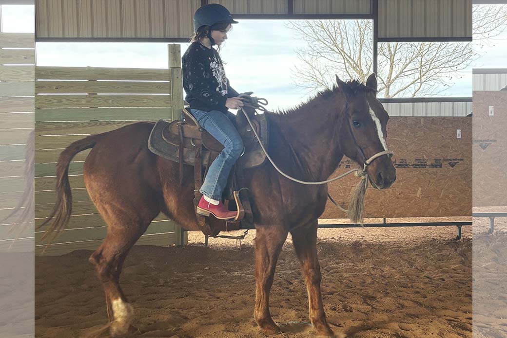 Girl riding horse in stable