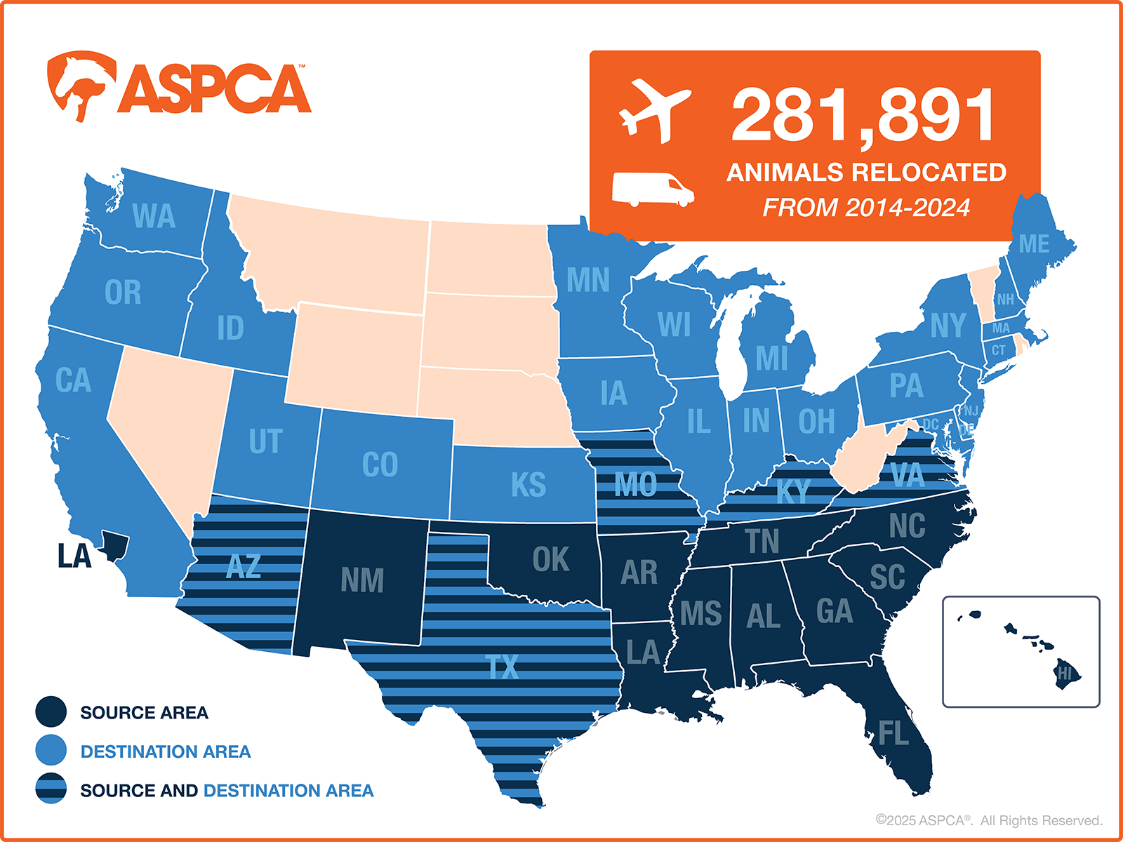 US map of animals relocated from 2014 - 2024